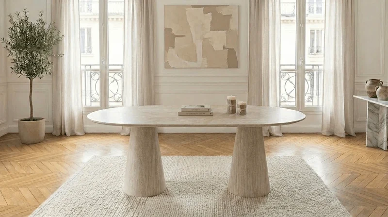 Table repas Iconic céramique travertin