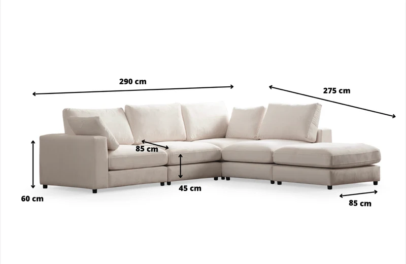 Canapé Julia Modulable Velours blanc cassé 4+1 pouf
