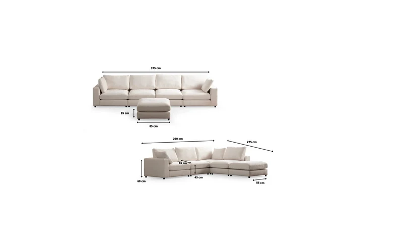 Canapé Julia Modulable Velours blanc cassé 3+1 pouf