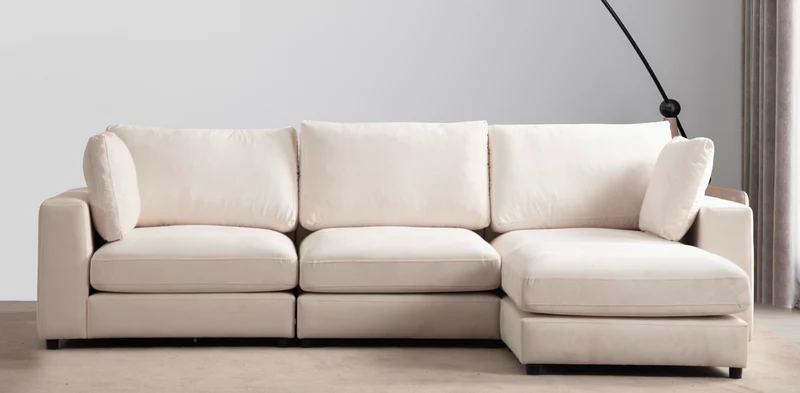 Canapé Julia Modulable Velours blanc cassé 3+1 pouf