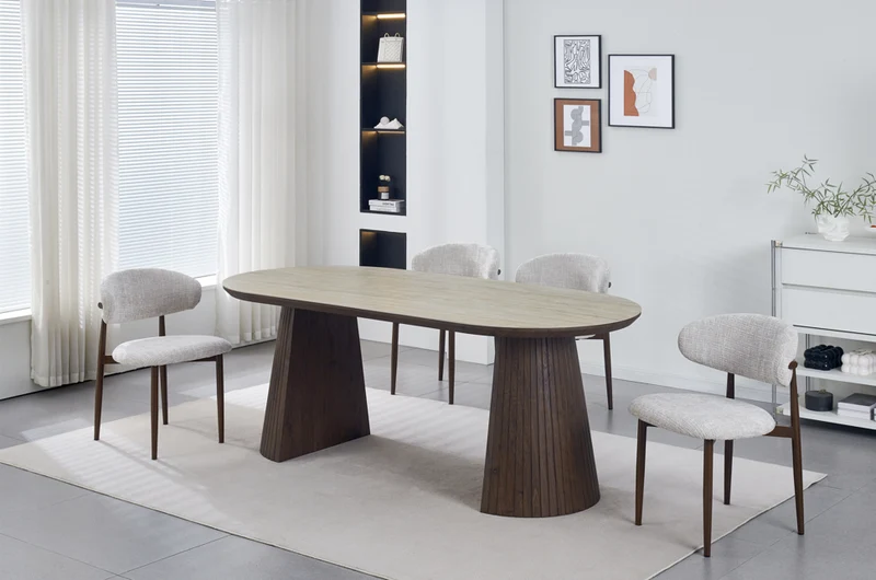 Table de séjour Tera céramique 180cm couleur noyer/travertin - 6 personnes