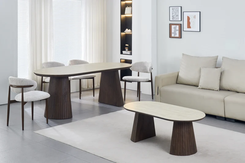 Table de séjour Tera céramique 180cm couleur noyer/travertin - 6 personnes