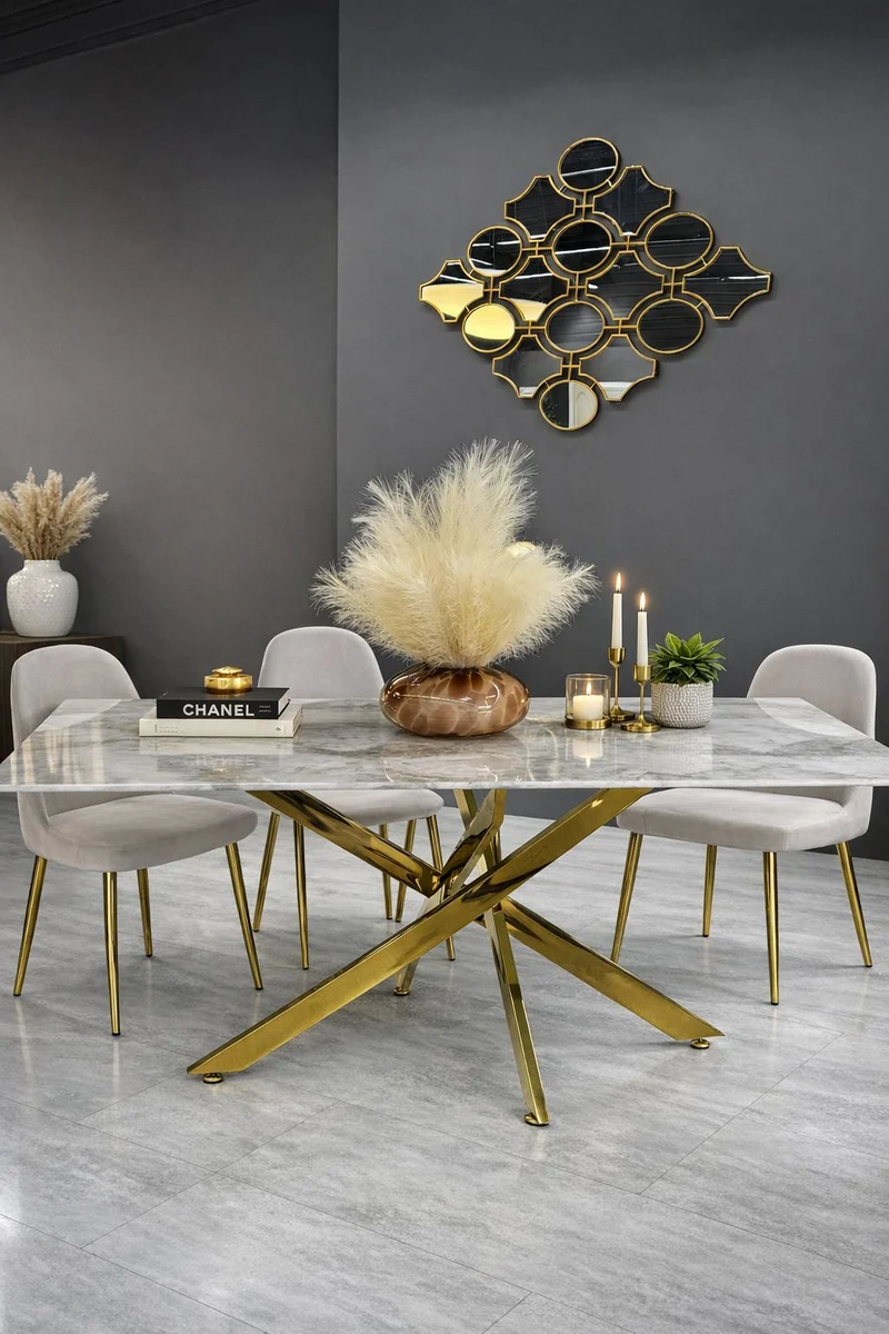 Table à Manger Olivia 180 cm – Verre Trempé Effet Marbre Blanc & Pieds Dorés