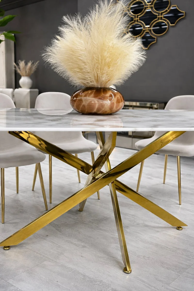 Table à Manger Olivia 180 cm – Verre Trempé Effet Marbre Blanc & Pieds Dorés