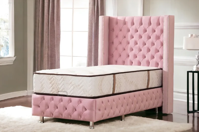 Lit Coffre Enfant CLOUTE Velours Rose