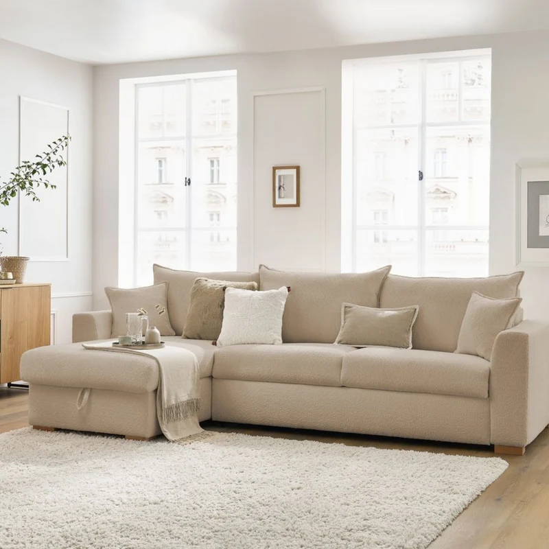 Canapé d'angle convertible BOBOCHIC Augustin ouverture express en tissu bouclette beige