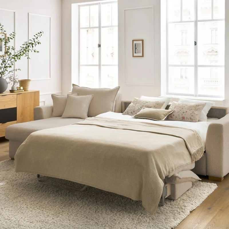 Canapé d'angle convertible BOBOCHIC Augustin ouverture express en tissu bouclette beige