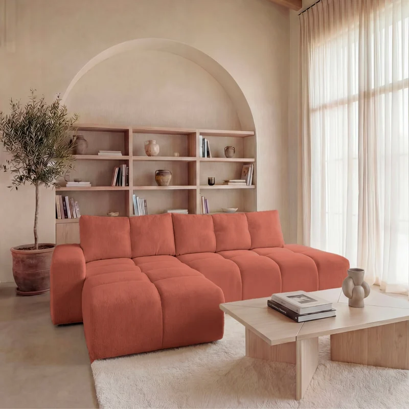 Canapé d'angle droit convertible CASANOVA Constance en tissu chenille terracotta