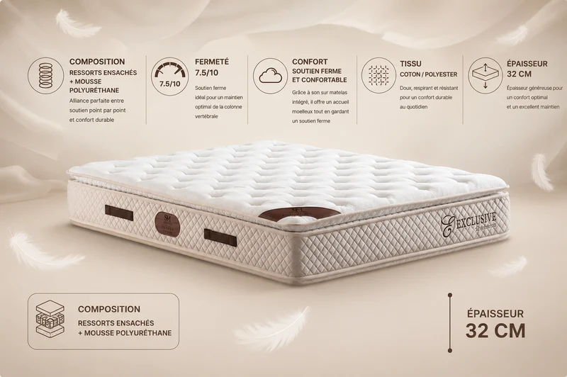 Matelas San Martino Exclusif Ressorts Beige 32cm d'Épaisseur Avec Surmatelas Intégré