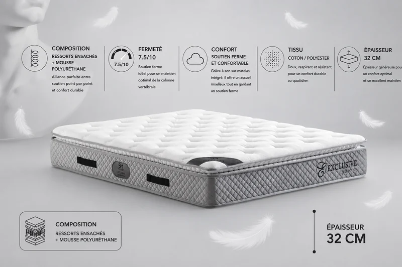 Matelas San Martino Exclusif Ressorts Gris 32cm d'Épaisseur Avec Surmatelas Intégré