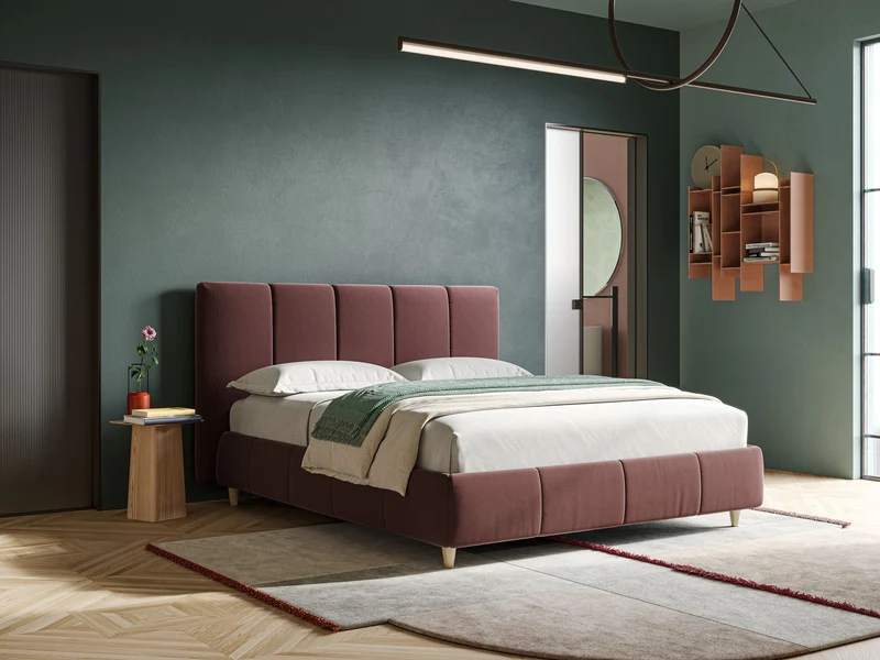 Laura lit avec coffre déhoussable en microfibre velours T09 saumon