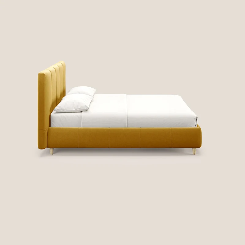 Laura lit avec coffre déhoussable en microfibre velours T09 jaune