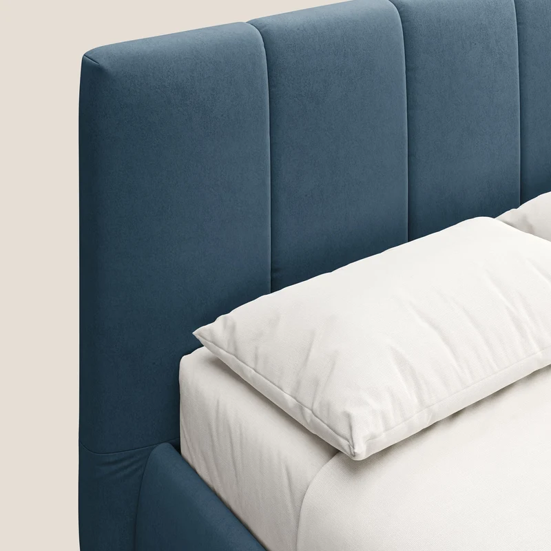 Laura lit avec coffre déhoussable en microfibre velours T09 bleu