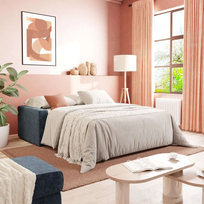 Diomede Canapé convertible en velours easy clean, déhoussable - design moderne et confort en T35 bleu