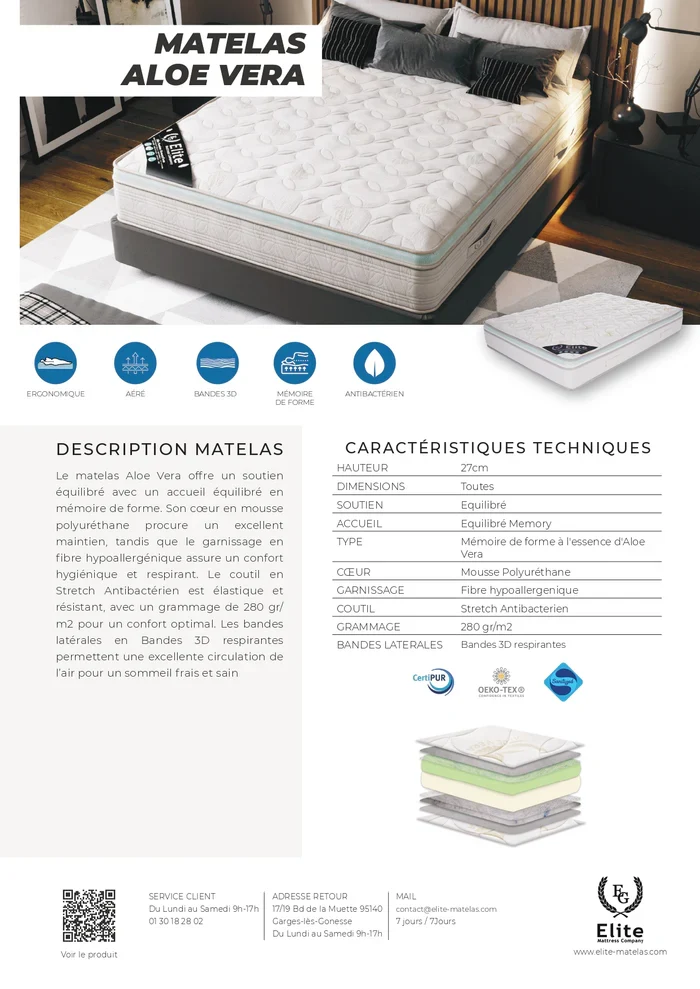 Matelas Mousse Elite AloeVera - 27 cm Memory