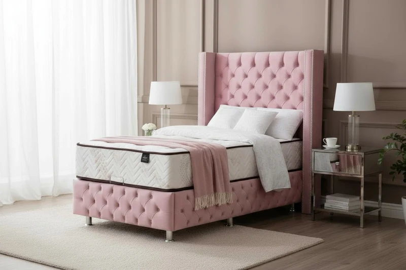 Lit Coffre 1 Place CLOUTÉ ROSE - Velours