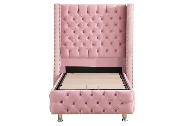 Lit Coffre 1 Place CLOUTÉ ROSE - Velours
