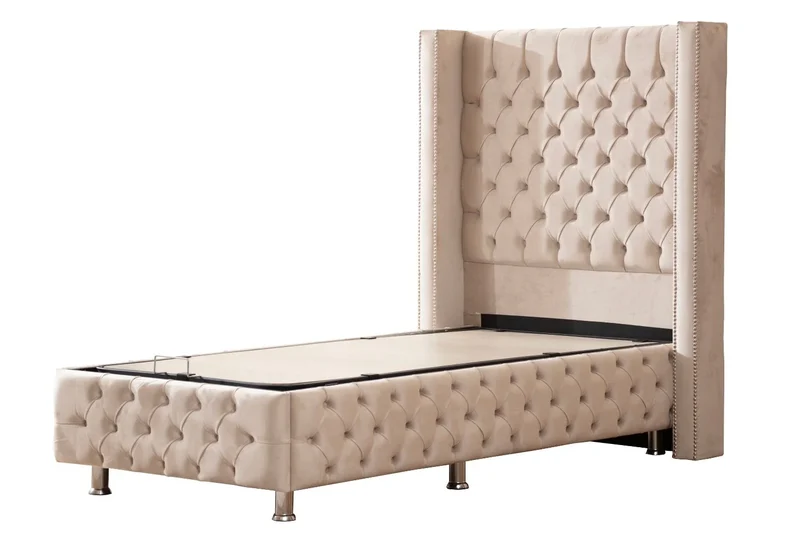 Lit Coffre 1 Place CLOUTÉ BEIGE - Velours