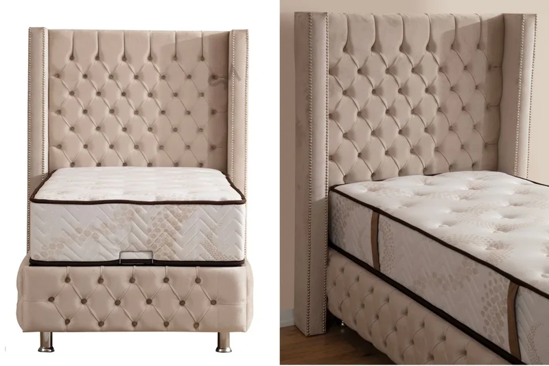 Lit Coffre 1 Place CLOUTÉ BEIGE - Velours