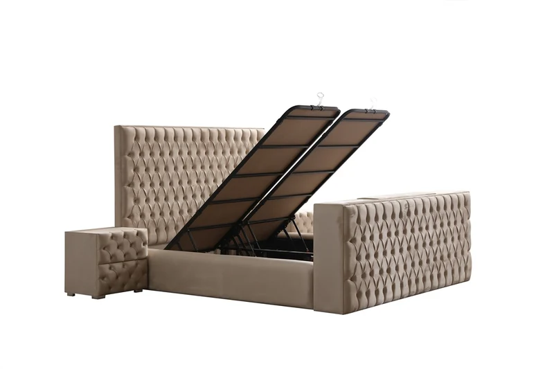 Lit Coffre TV Intégré CAPITY BEIGE - Velours