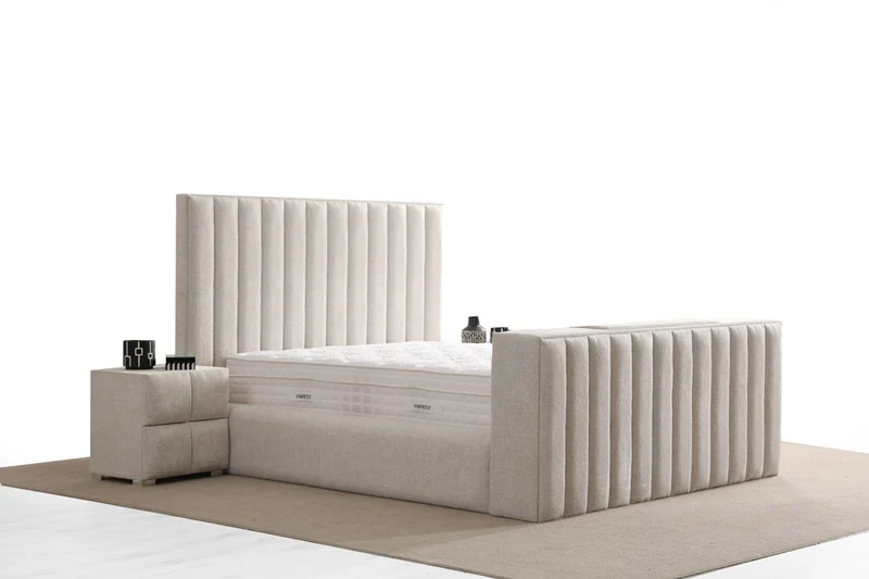 Lit Coffre TV Intégré CRAFTY BLANC CASSÉ - Chenille