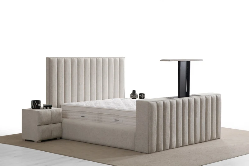Lit Coffre TV Intégré CRAFTY BLANC CASSÉ - Chenille
