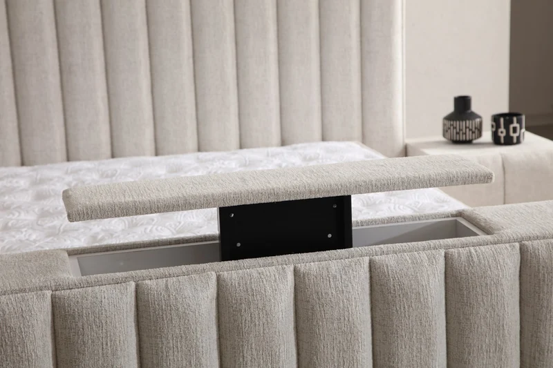 Lit Coffre TV Intégré CRAFTY BLANC CASSÉ - Chenille