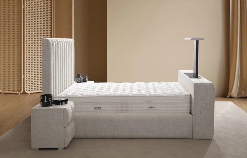 Lit Coffre TV Intégré CRAFTY BLANC CASSÉ - Chenille