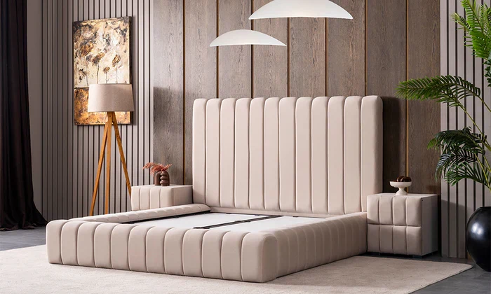 Lit Coffre PAYLA BEIGE - Velours