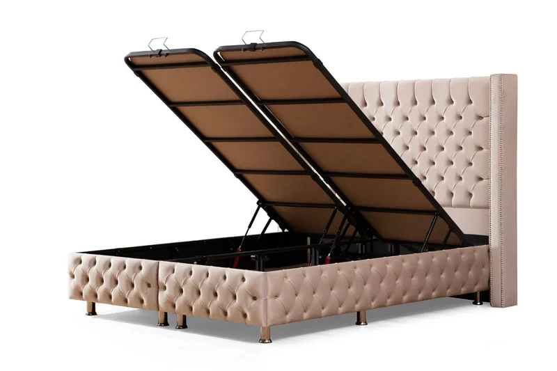 Lit Coffre CLOUTÉ BEIGE - Velours Capitonné