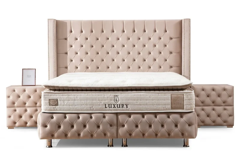 Lit Coffre CLOUTÉ BEIGE - Velours Capitonné