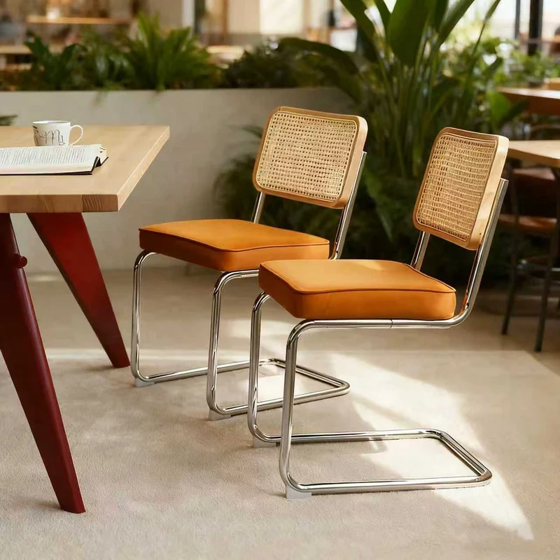 Lot de 2 chaises de salle à manger Breuer en velours orange et dossier en rotin, pieds chromés FLARELYNX