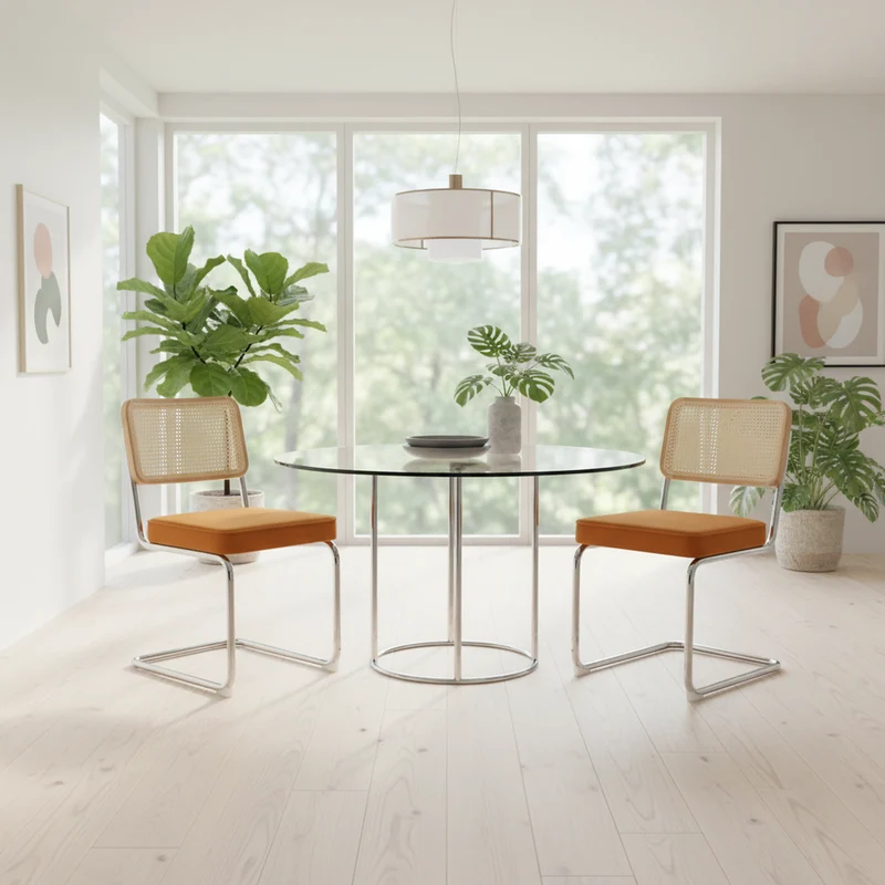 Lot de 2 chaises de salle à manger Breuer en velours orange et dossier en rotin, pieds chromés FLARELYNX