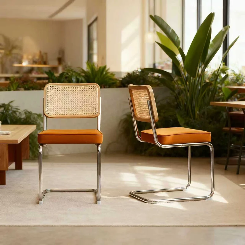 Lot de 2 chaises de salle à manger Breuer en velours orange et dossier en rotin, pieds chromés FLARELYNX