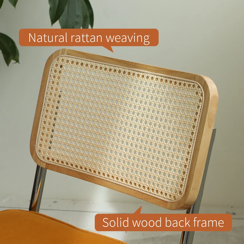 Lot de 2 chaises de salle à manger Breuer en velours orange et dossier en rotin, pieds chromés FLARELYNX