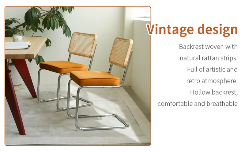Lot de 2 chaises de salle à manger Breuer en velours orange et dossier en rotin, pieds chromés FLARELYNX