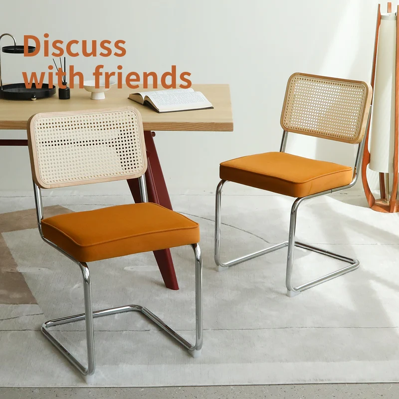 Lot de 2 chaises de salle à manger Breuer en velours orange et dossier en rotin, pieds chromés FLARELYNX