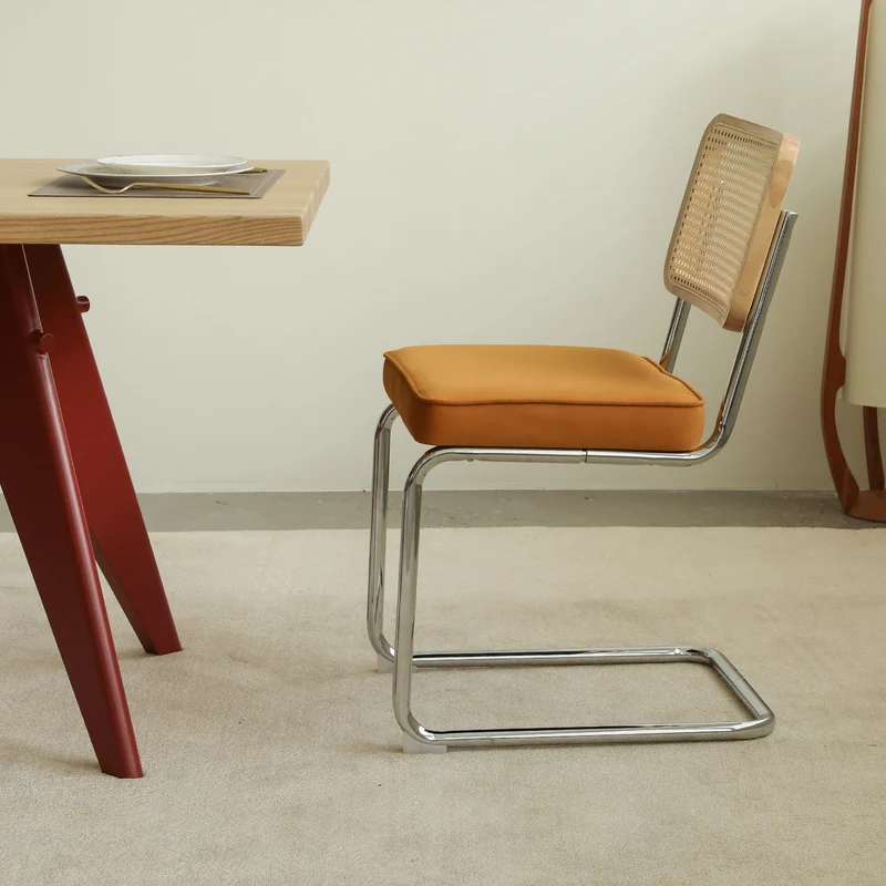 Lot de 2 chaises de salle à manger Breuer en velours orange et dossier en rotin, pieds chromés FLARELYNX
