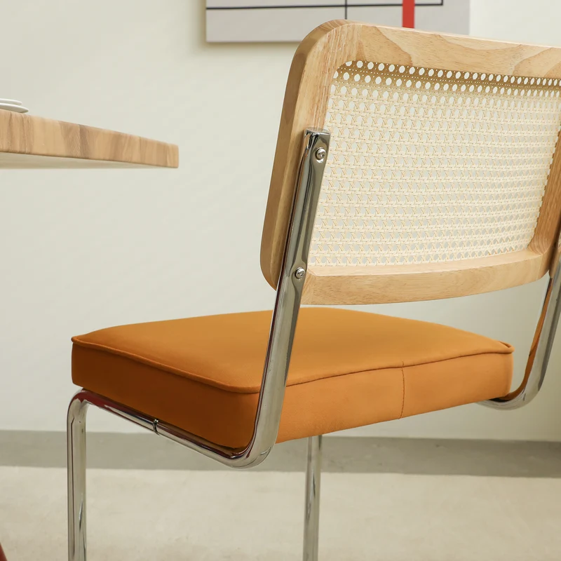 Lot de 2 chaises de salle à manger Breuer en velours orange et dossier en rotin, pieds chromés FLARELYNX