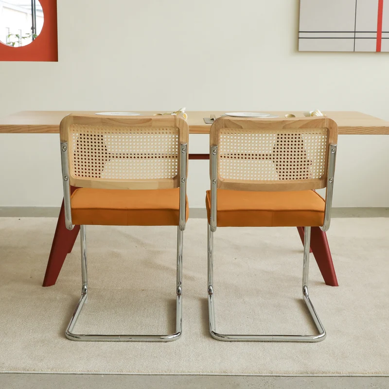 Lot de 2 chaises de salle à manger Breuer en velours orange et dossier en rotin, pieds chromés FLARELYNX