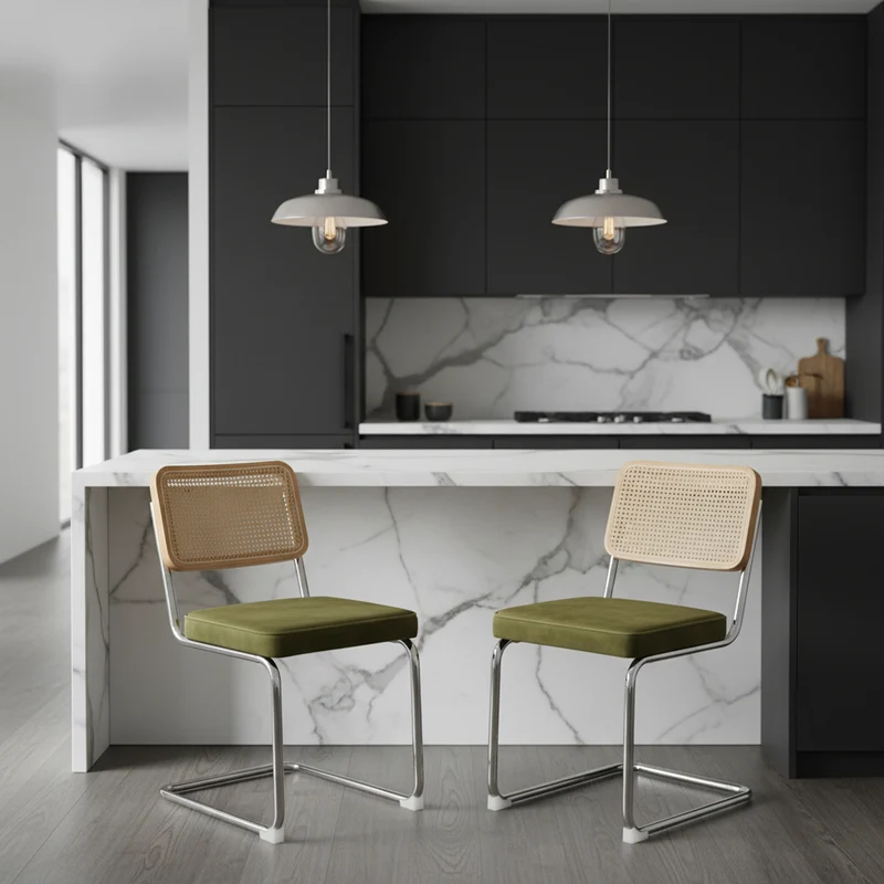 Lot de 2 chaises de salle à manger Breuer en velours vert olive et dossier en rotin, pieds chromés FLAREZYR