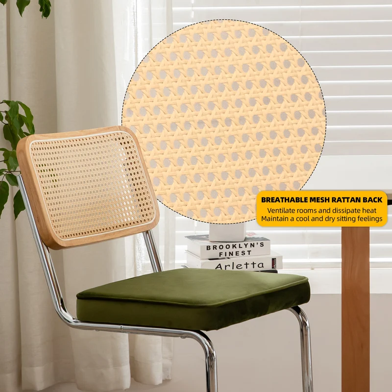 Lot de 2 chaises de salle à manger Breuer en velours vert olive et dossier en rotin, pieds chromés FLAREZYR