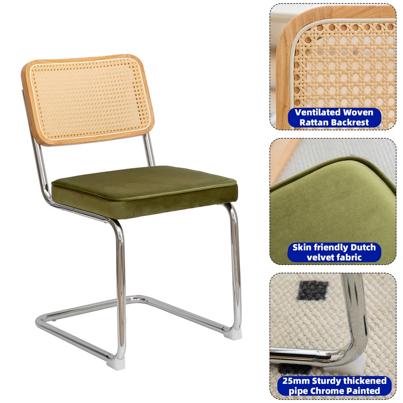 Lot de 2 chaises de salle à manger Breuer en velours vert olive et dossier en rotin, pieds chromés FLAREZYR