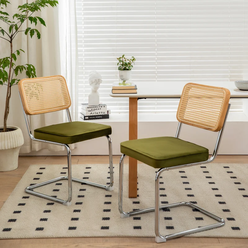 Lot de 2 chaises de salle à manger Breuer en velours vert olive et dossier en rotin, pieds chromés FLAREZYR