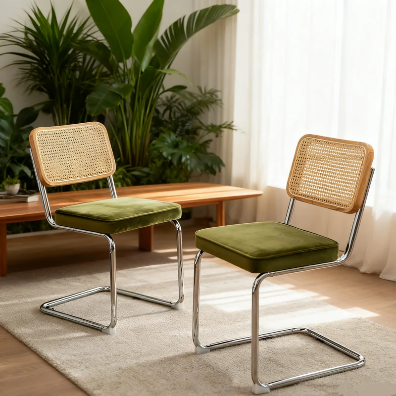 Lot de 2 chaises de salle à manger Breuer en velours vert olive et dossier en rotin, pieds chromés FLAREZYR