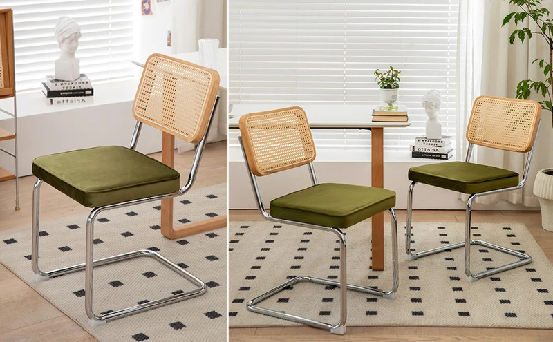 Lot de 2 chaises de salle à manger Breuer en velours vert olive et dossier en rotin, pieds chromés FLAREZYR