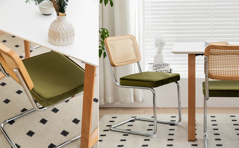 Lot de 2 chaises de salle à manger Breuer en velours vert olive et dossier en rotin, pieds chromés FLAREZYR