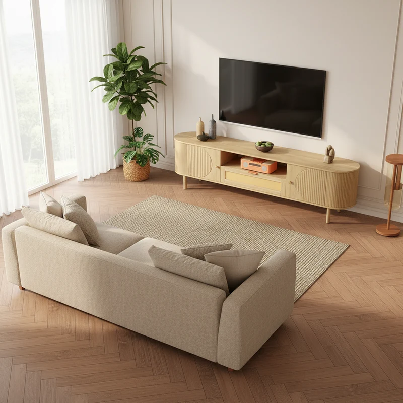 Meuble TV effet bois claire ovale tiroir en rotin 2 portes coulissantes 175x36x51cm ALIGNENO
