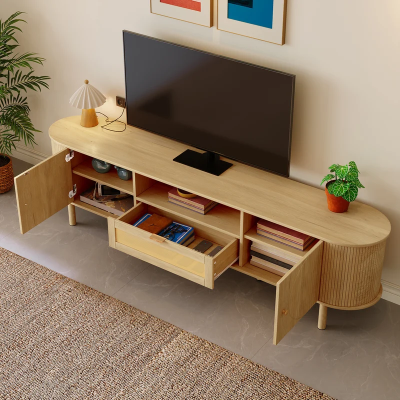 Meuble TV effet bois claire ovale tiroir en rotin 2 portes coulissantes 175x36x51cm ALIGNENO