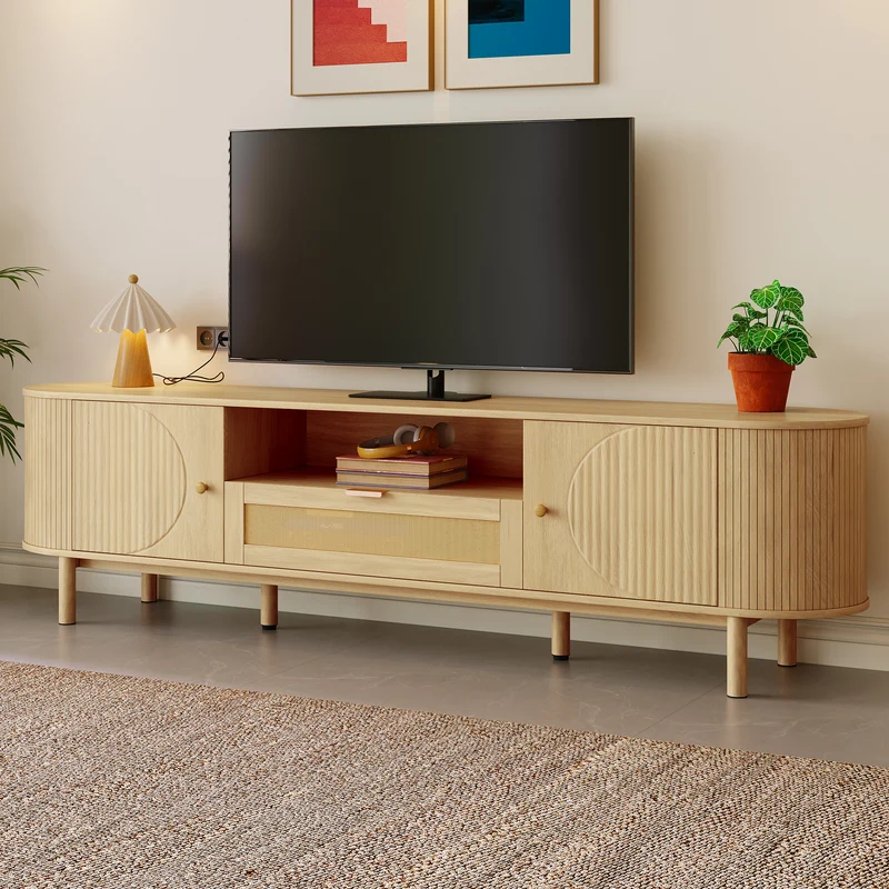 Meuble TV effet bois claire ovale tiroir en rotin 2 portes coulissantes 175x36x51cm ALIGNENO